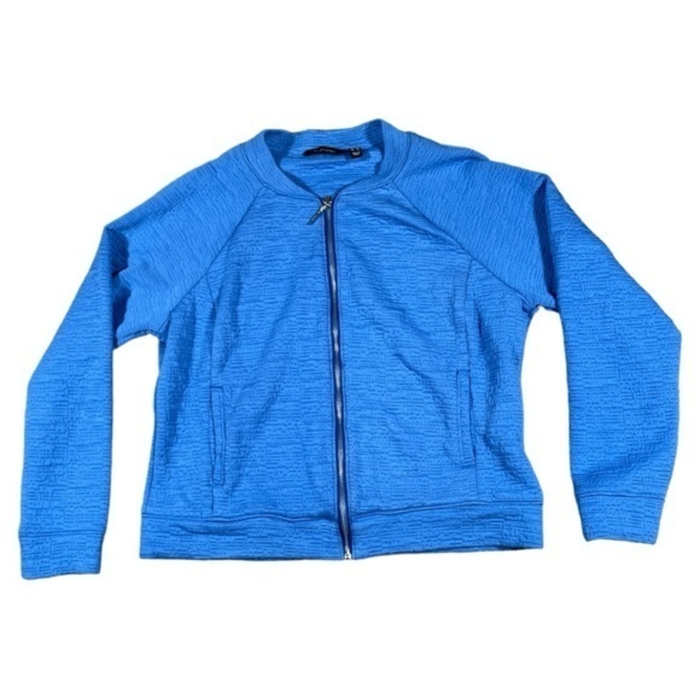 H by Halston Womens Blue Knit Bomber Jacket Textured Full Zip Stretch Size 12‎